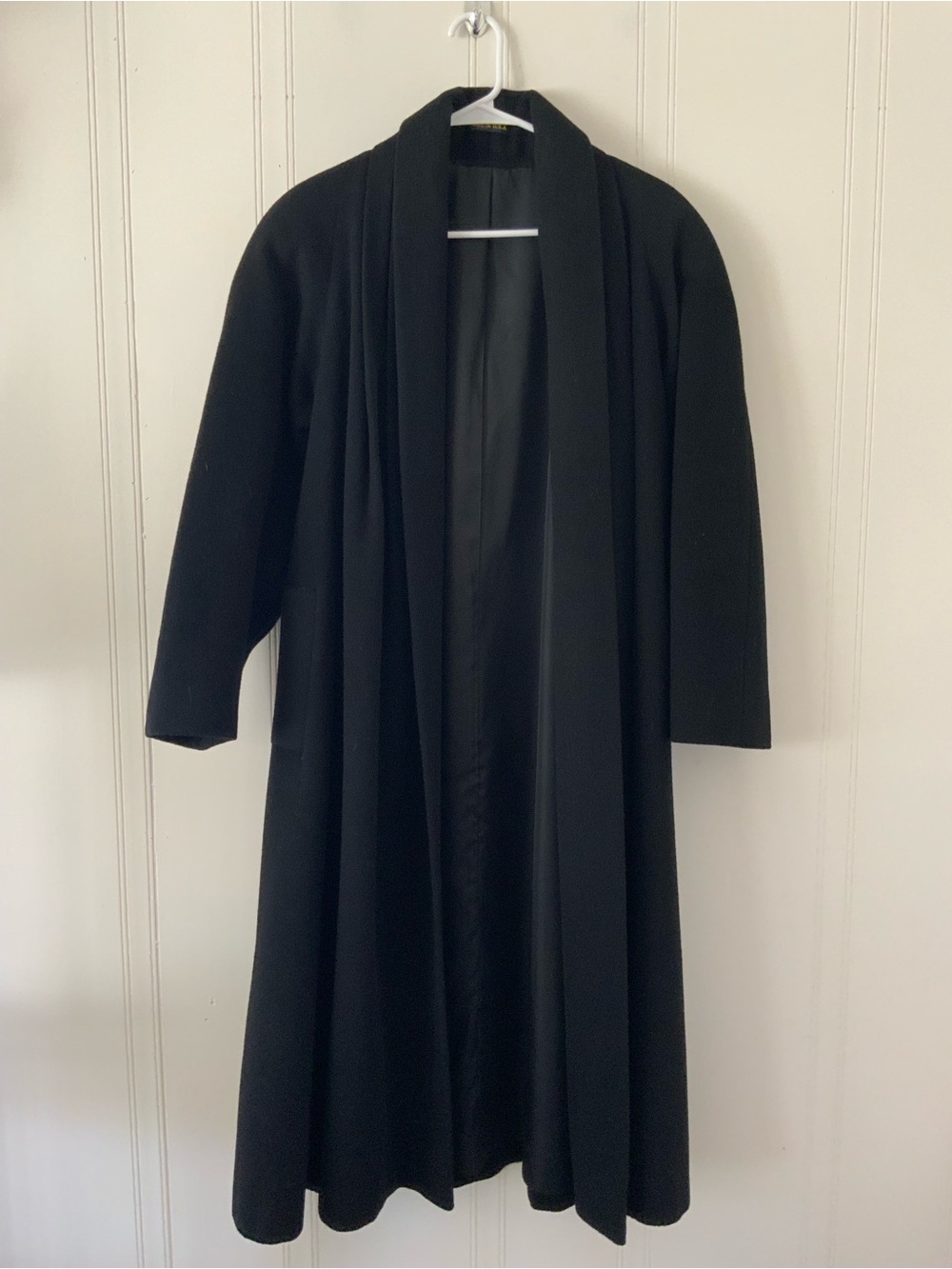 Women's Black Open-Front Long Trench Coat Wool